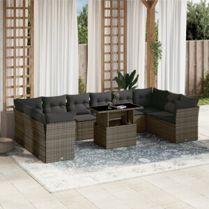 vidaXL 11-delige Loungeset met kussens poly rattan grijs
