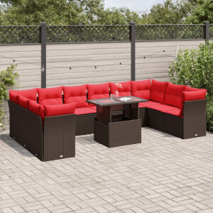 vidaXL 11-delige tuinbankset met kussens, bruin polyrotan