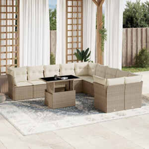 vidaXL 11-delige Tuinset met kussens poly rattan beige