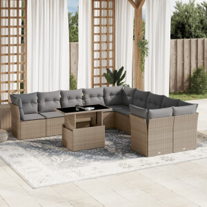 vidaXL 11-delige Tuinset met kussens poly rattan beige