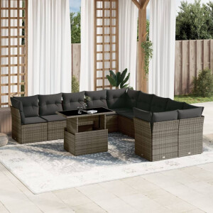 vidaXL 11-delige Loungeset met kussens poly rattan grijs