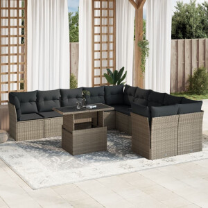 vidaXL 11-delige Loungeset met kussens poly rattan lichtgrijs
