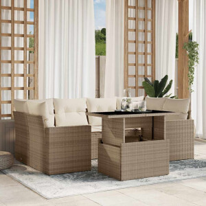 vidaXL 7-delige Loungeset met kussens poly rattan beige