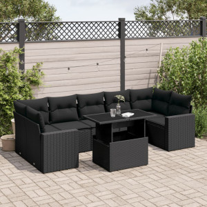 vidaXL 8-delige Loungeset met kussens poly rattan zwart