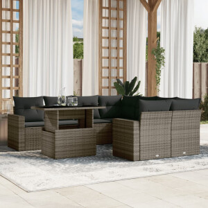 vidaXL 9-delige Loungeset met kussens poly rattan grijs