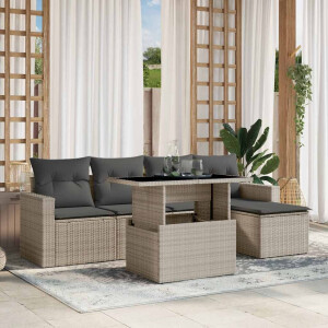 vidaXL 6-delige Loungeset met kussens poly rattan lichtgrijs