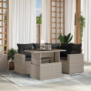 vidaXL 5-delige Loungeset met kussens poly rattan lichtgrijs