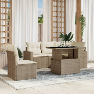vidaXL 6-delige Loungeset met kussens poly rattan beige