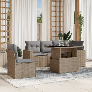 vidaXL 6-delige Loungeset met kussens poly rattan beige