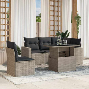 vidaXL 6-delige Loungeset met kussens poly rattan lichtgrijs