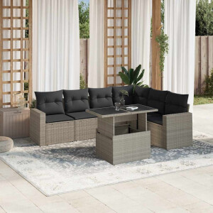 vidaXL 7-delige Loungeset met kussens poly rattan lichtgrijs