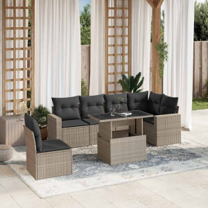 vidaXL 7-delige Loungeset met kussens poly rattan lichtgrijs
