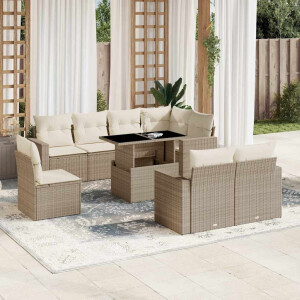 vidaXL 9-delige Loungeset met kussens poly rattan beige
