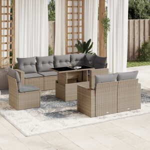 vidaXL 9-delige Loungeset met kussens poly rattan beige