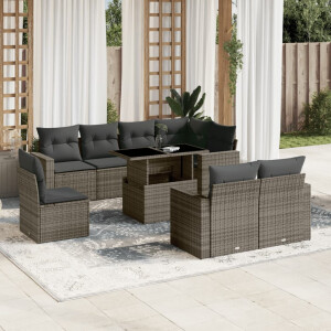 vidaXL 9-delige Loungeset met kussens poly rattan grijs