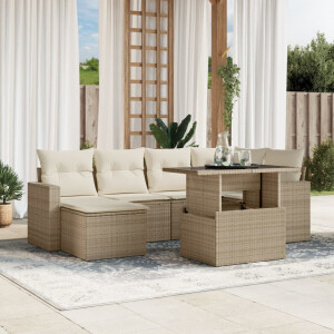 vidaXL 7-delige Loungeset met kussens poly rattan beige
