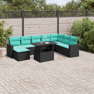 vidaXL 9-delige tuinbankset met kussens van zwart polyrotan