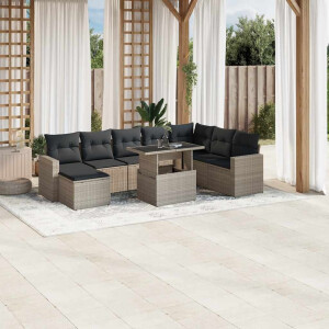 vidaXL 9-delige Loungeset met kussens poly rattan lichtgrijs