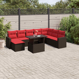 vidaXL 9-delige tuinbankset met kussens, bruin polyrotan