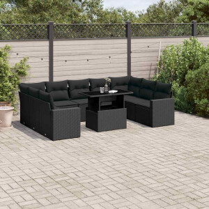 vidaXL 10-delige Loungeset met kussens poly rattan zwart