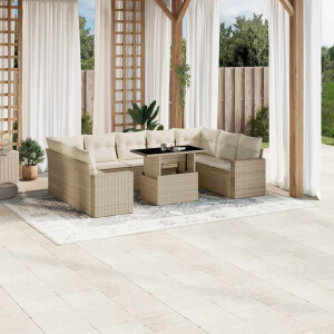 vidaXL 10-delige Loungeset met kussens poly rattan beige