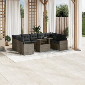 vidaXL 10-delige Loungeset met kussens poly rattan grijs