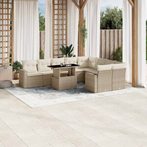 vidaXL 10-delige Loungeset met kussens poly rattan beige