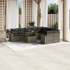 vidaXL 10-delige Loungeset met kussens poly rattan grijs