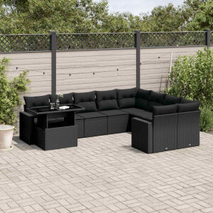vidaXL 10-delige Loungeset met kussens poly rattan zwart