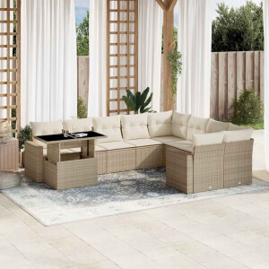 vidaXL 10-delige Loungeset met kussens poly rattan beige