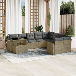 vidaXL 10-delige Loungeset met kussens poly rattan beige
