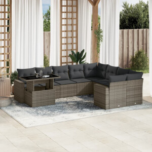 vidaXL 10-delige Loungeset met kussens poly rattan grijs