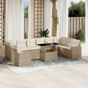vidaXL 11-delige Tuinset met kussens poly rattan beige