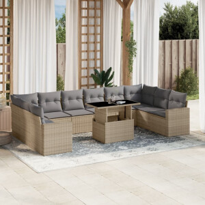 vidaXL 11-delige Tuinset met kussens poly rattan beige