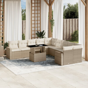 vidaXL 11-delige Tuinset met kussens poly rattan beige