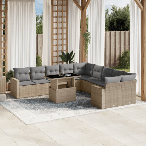 vidaXL 11-delige Tuinset met kussens poly rattan beige