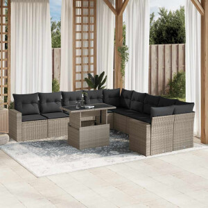 vidaXL 11-delige Loungeset met kussens poly rattan lichtgrijs
