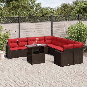 vidaXL 11-delige tuinbankset met kussens, bruin polyrotan