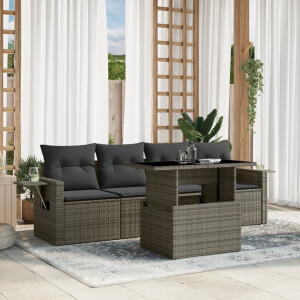 vidaXL 5-delige Loungeset met kussens poly rattan grijs