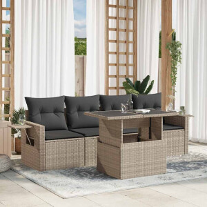 vidaXL 5-delige Loungeset met kussens poly rattan lichtgrijs