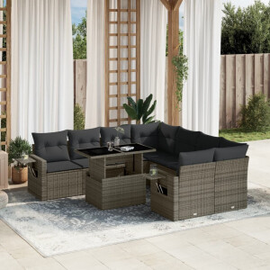 vidaXL 9-delige Loungeset met kussens poly rattan grijs
