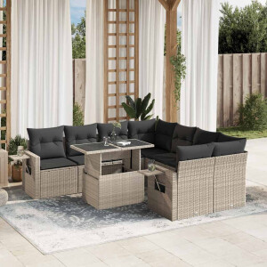 vidaXL 9-delige Loungeset met kussens poly rattan lichtgrijs