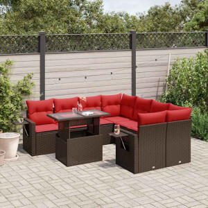 vidaXL 9-delige tuinbankset met kussens, bruin polyrotan