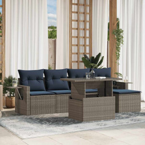 vidaXL 6-delige tuinbankset met kussens, grijs polyrotan