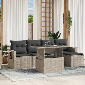 vidaXL 6-delige Loungeset met kussens poly rattan lichtgrijs