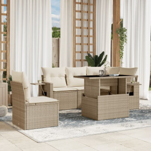 vidaXL 6-delige Loungeset met kussens poly rattan beige