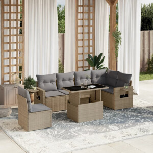 vidaXL 7-delige Loungeset met kussens poly rattan beige