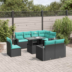 vidaXL 9-delige tuinbankset met kussens van zwart polyrotan