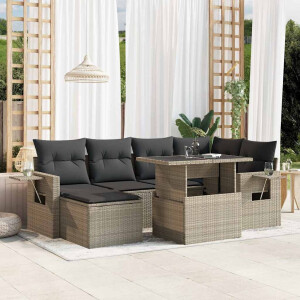vidaXL 7-delige Loungeset met kussens poly rattan lichtgrijs