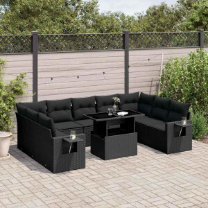 vidaXL 10-delige Loungeset met kussens poly rattan zwart